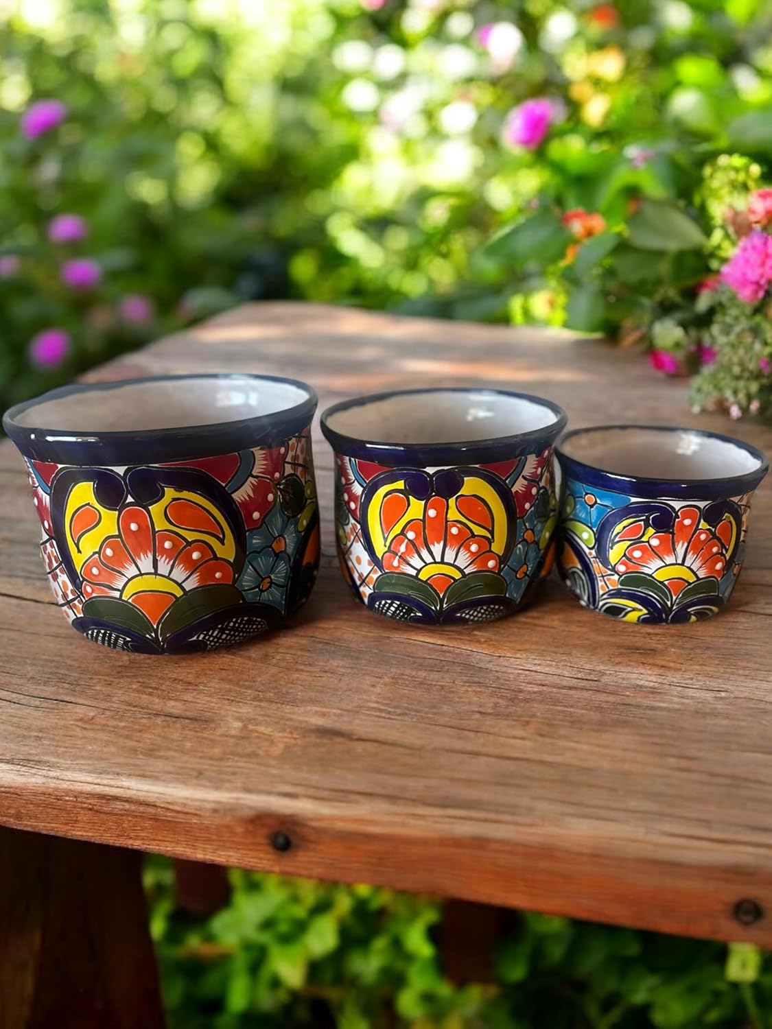 Set of 3 Talavera Nesting Planters with Drainage Holes Colorful Mexican Pottery for Indoor Outdoor Use 9 8 6