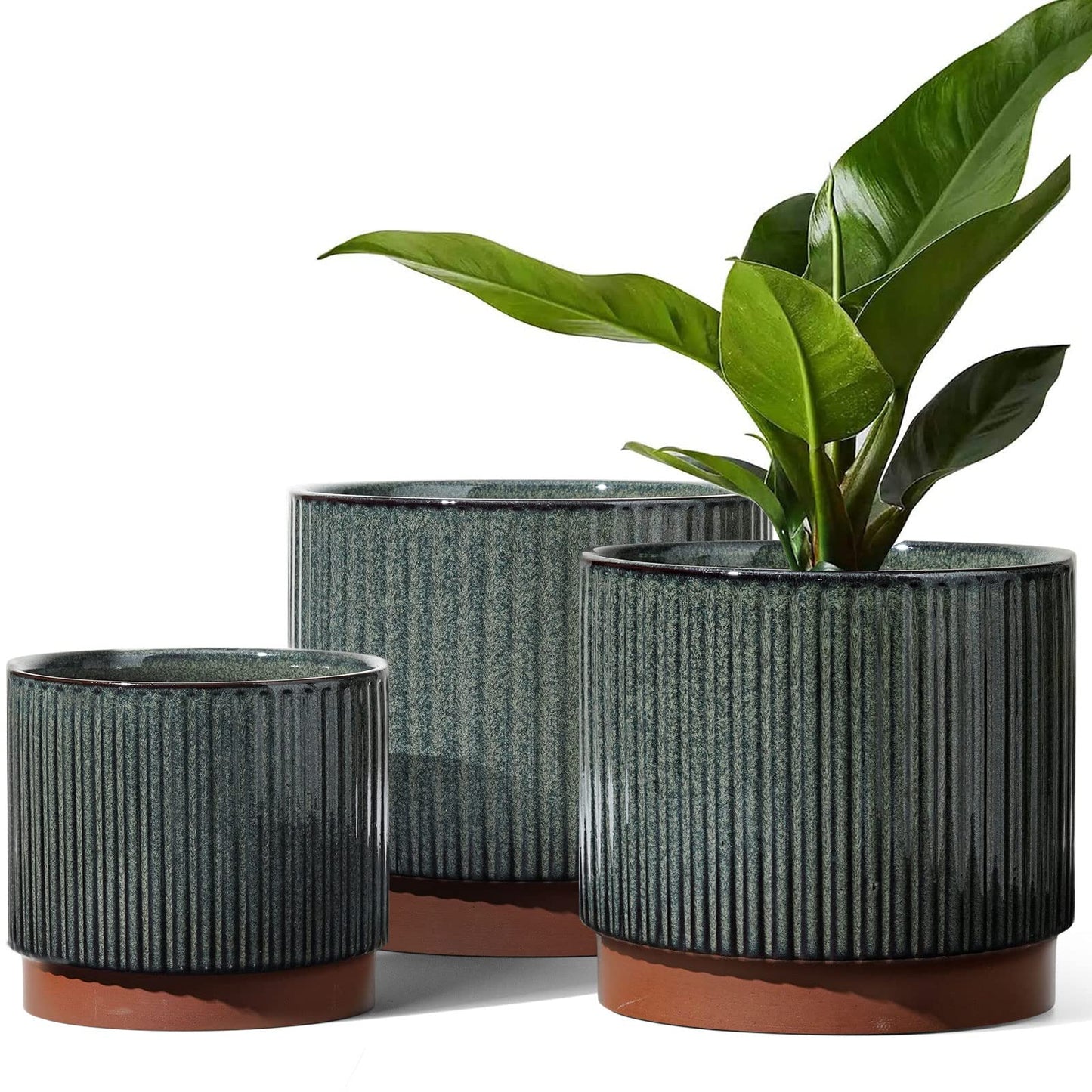 LE TAUCI Ceramic Plant Pots with Drainage Holes Set of 3 Durable Stripe Garden Planter Pots for Indoor Outdoor Use with Reactive Glaze Black