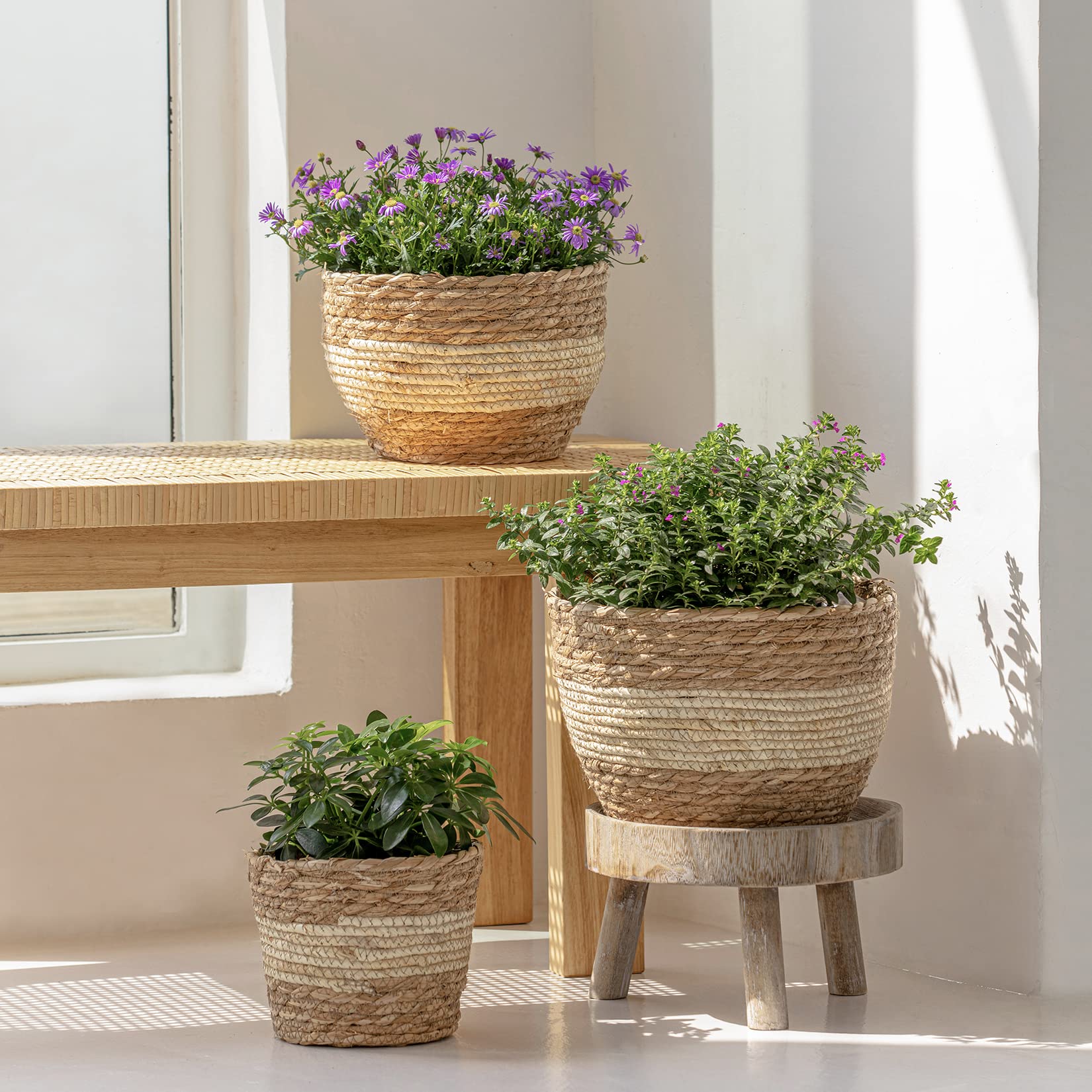 La Jolíe Muse Seagrass Planter Basket Indoor, Flower Pots Cover, Plant Containers, Natural(3-Pack) 10.2"+8.7"+6.7" - OVAD