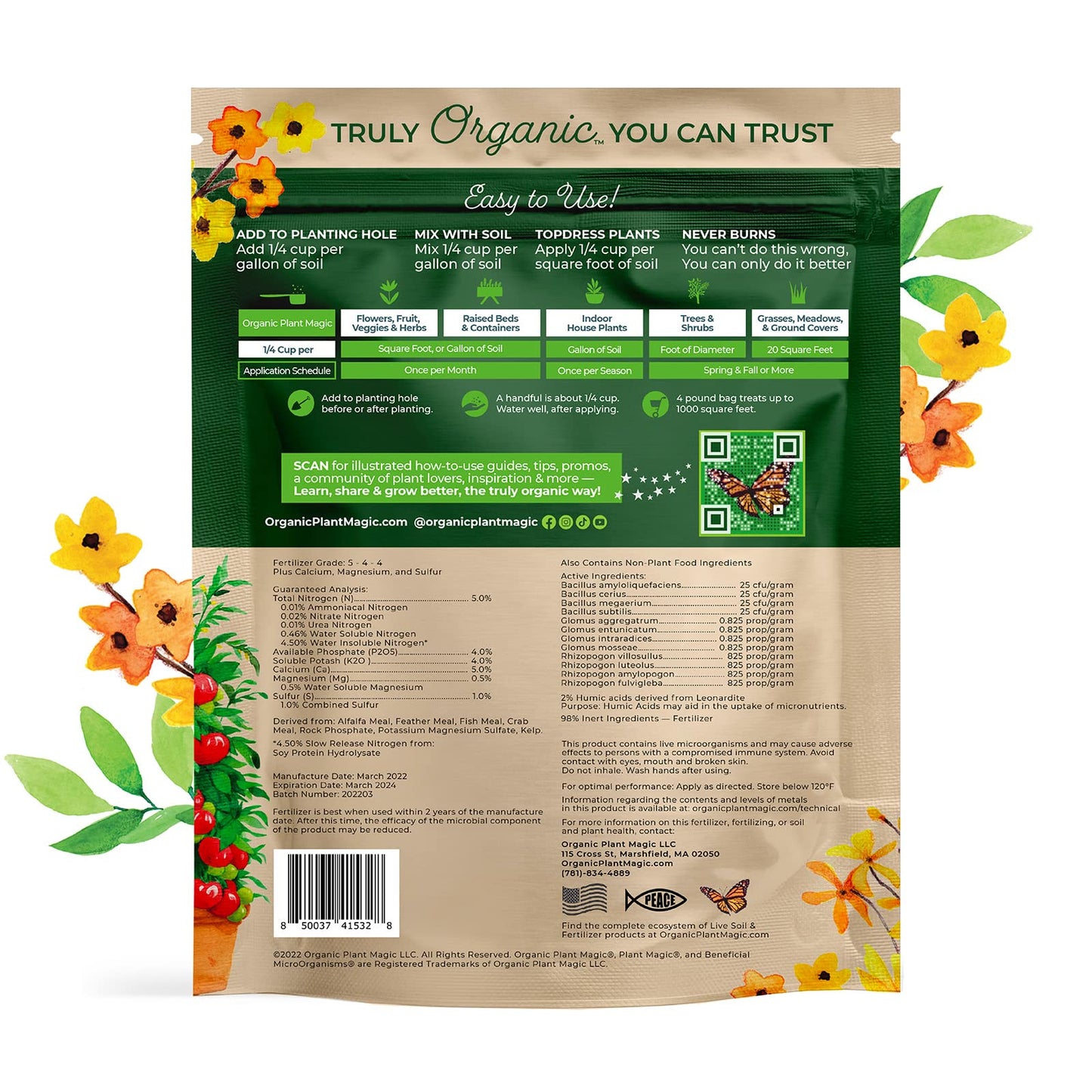 Organic Plant Magic - Truly Organic Slow Release Granular Fertilizer for Vibrant Indoor Outdoor Plants and Gardens [4 lb Bag]