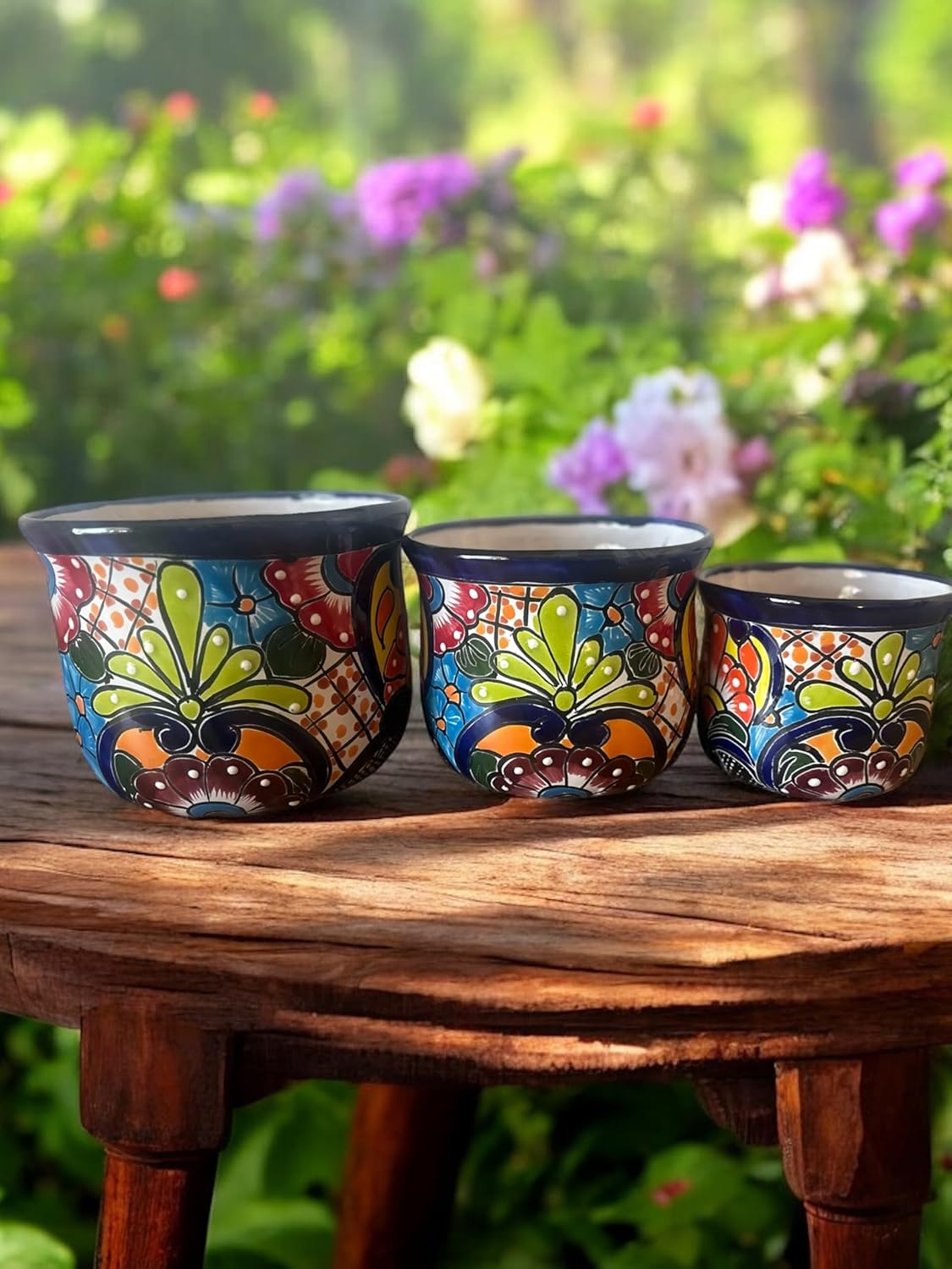 Set of 3 Talavera Nesting Planters with Drainage Holes Colorful Mexican Pottery for Indoor Outdoor Use 9 8 6