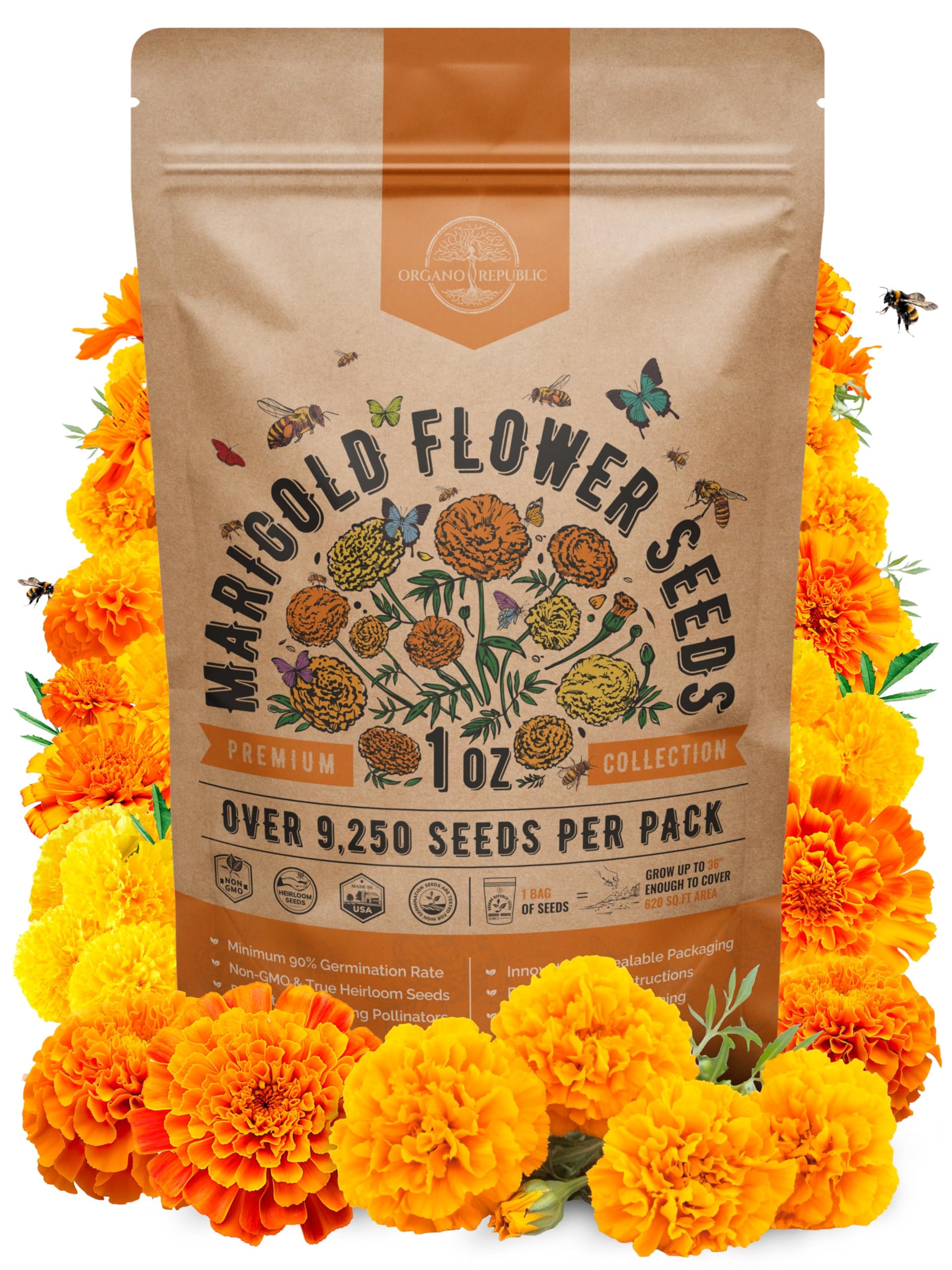 Marigold Seeds Pack 1 oz - Over 9,250 Non-GMO Heirloom Seeds for Indoor and Outdoor Gardening, Perfect for Home and Garden Beautification - OVAD