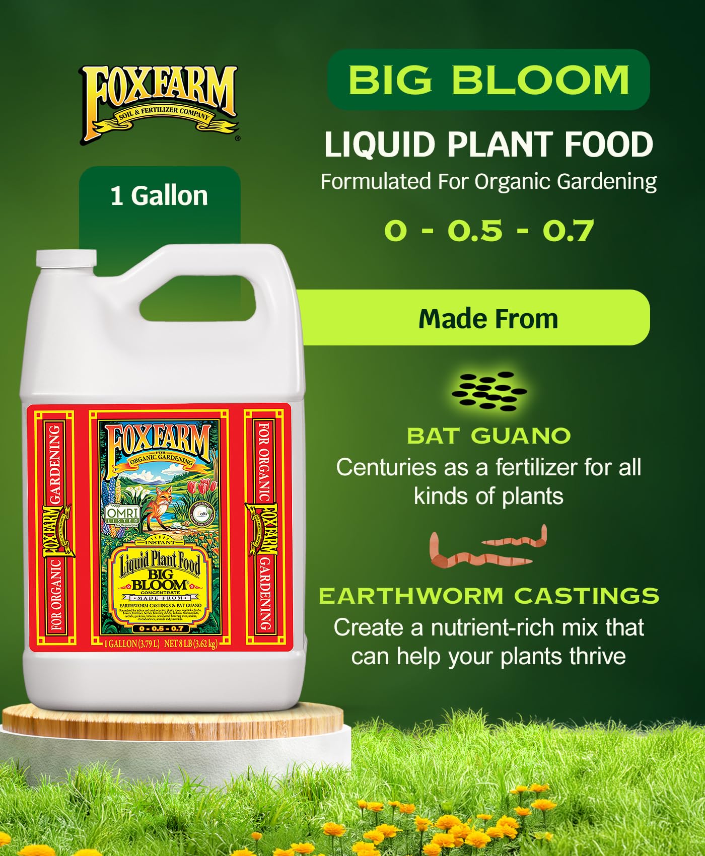 FoxFarm - Big Bloom Liquid Fertilizer Concentrate for Vibrant Flowers, Fruits, and Vegetables, All Purpose Indoor & Outdoor Plant Food, NPK 0.01-0.03-0.7 (Pint)