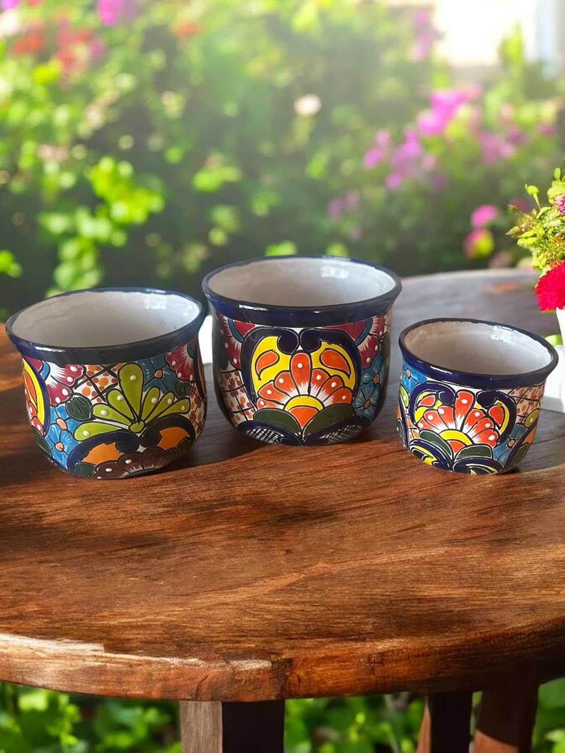 Set of 3 Talavera Nesting Planters with Drainage Holes Colorful Mexican Pottery for Indoor Outdoor Use 9 8 6