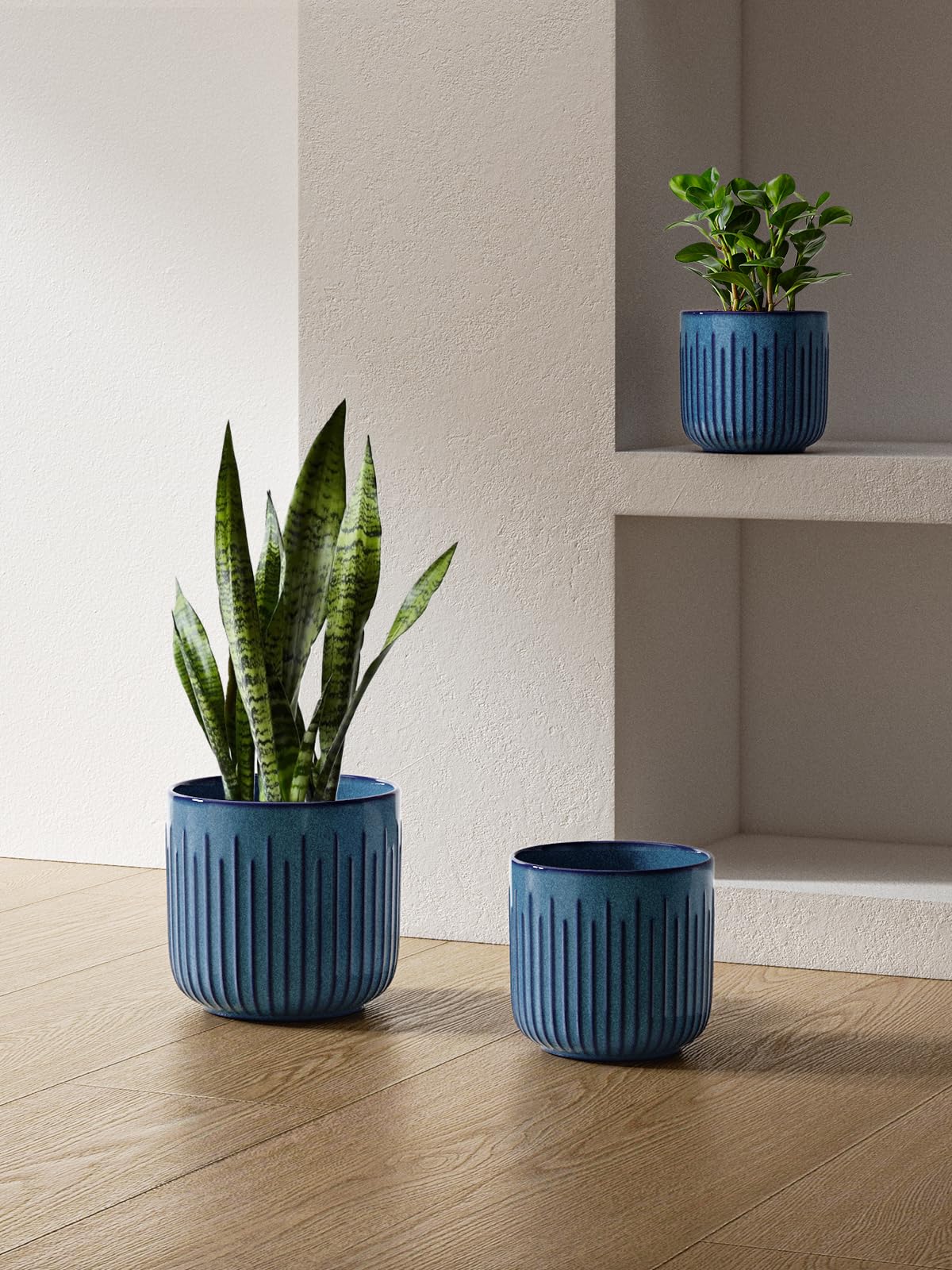 LE TAUCI Ceramic Planters for Indoor Plants Set of 3 with Drainage Holes in Dark Olive, Stylish Cylinder Flower Pots for Home Décor