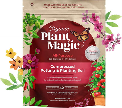 Organic Plant Magic - Fast Acting Soluble Plant Food All-Purpose Fertilizer Concentrate and Compressed Organic Potting Soil for Vibrant Garden Growth