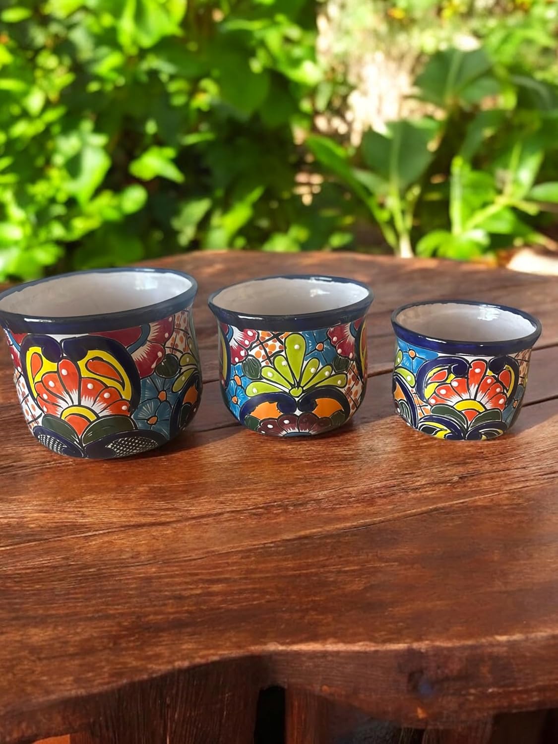 Set of 3 Talavera Nesting Planters with Drainage Holes Colorful Mexican Pottery for Indoor Outdoor Use 9 8 6