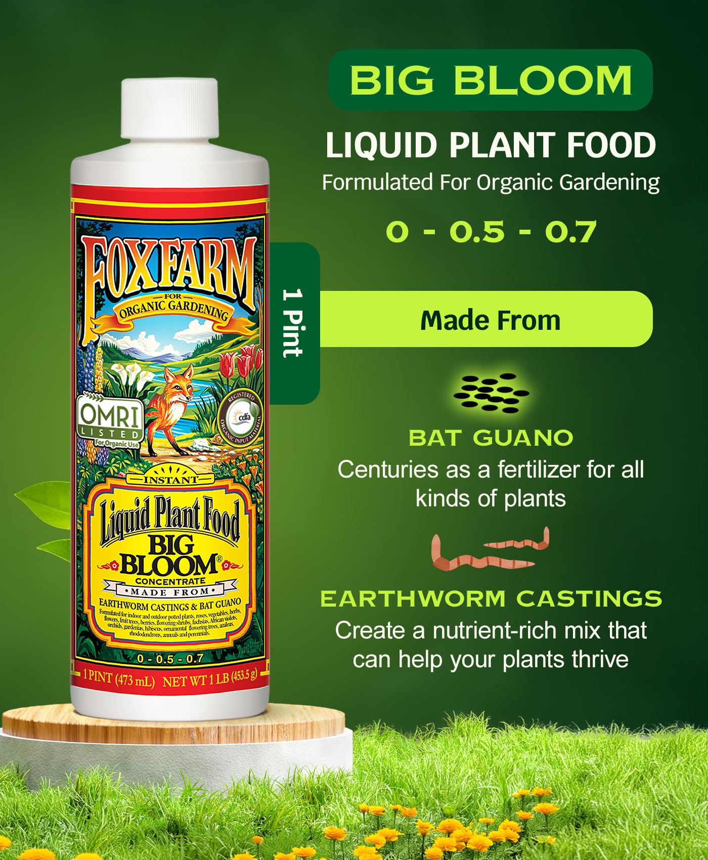 FoxFarm - Big Bloom Liquid Fertilizer Concentrate for Vibrant Flowers, Fruits, and Vegetables, All Purpose Indoor & Outdoor Plant Food, NPK 0.01-0.03-0.7 (Pint)