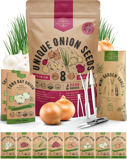 Organo Republic 8 Onion Seeds Variety Pack Heirloom Non-GMO 2200+ Seeds for Indoor and Outdoor Gardening with Walla Walla Green Onion Red Burgundy White and Yellow Sweet Spanish Onions - OVAD