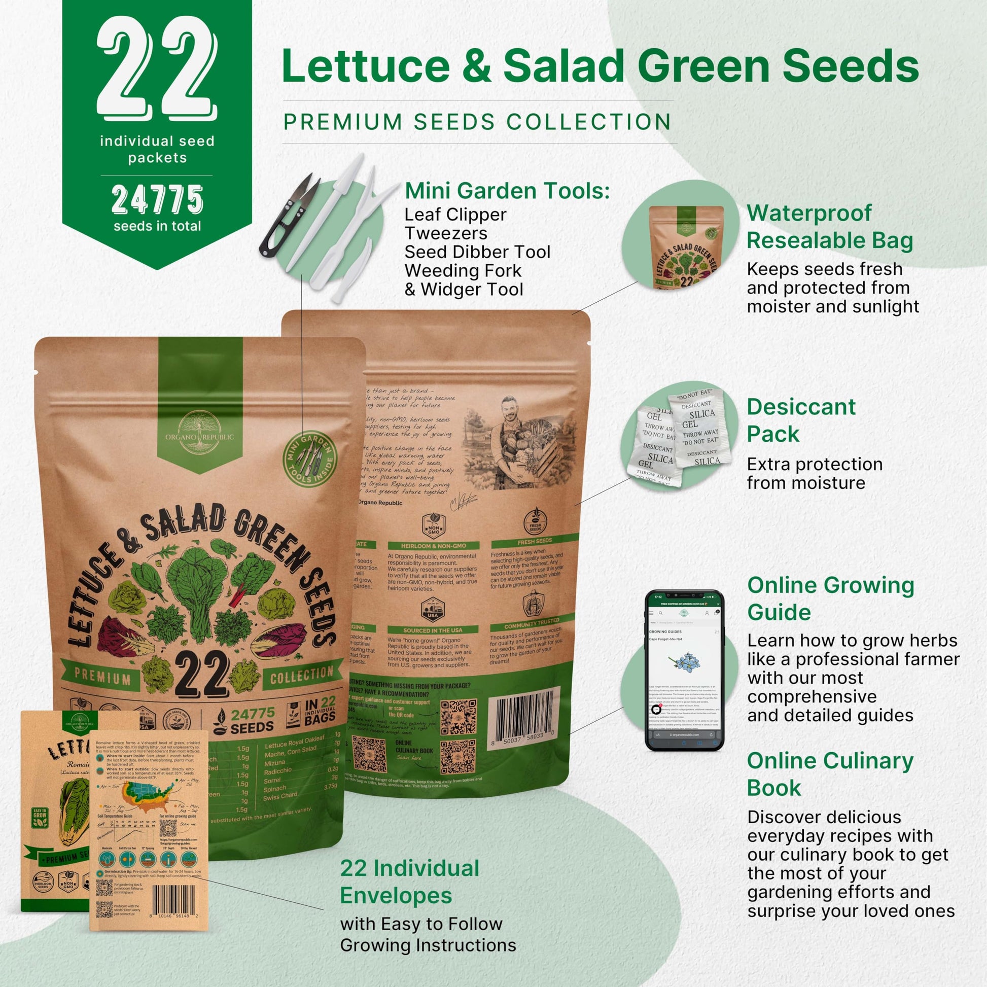 Organo Republic 22 Lettuce & Salad Greens Seeds Variety Pack 24,700 Plus Non-GMO Heirloom Lettuce Seeds For Indoor And Outdoor Garden Hydroponics Aerogarden Arugula Kale Spinach Swiss Chard Lettuce - OVAD