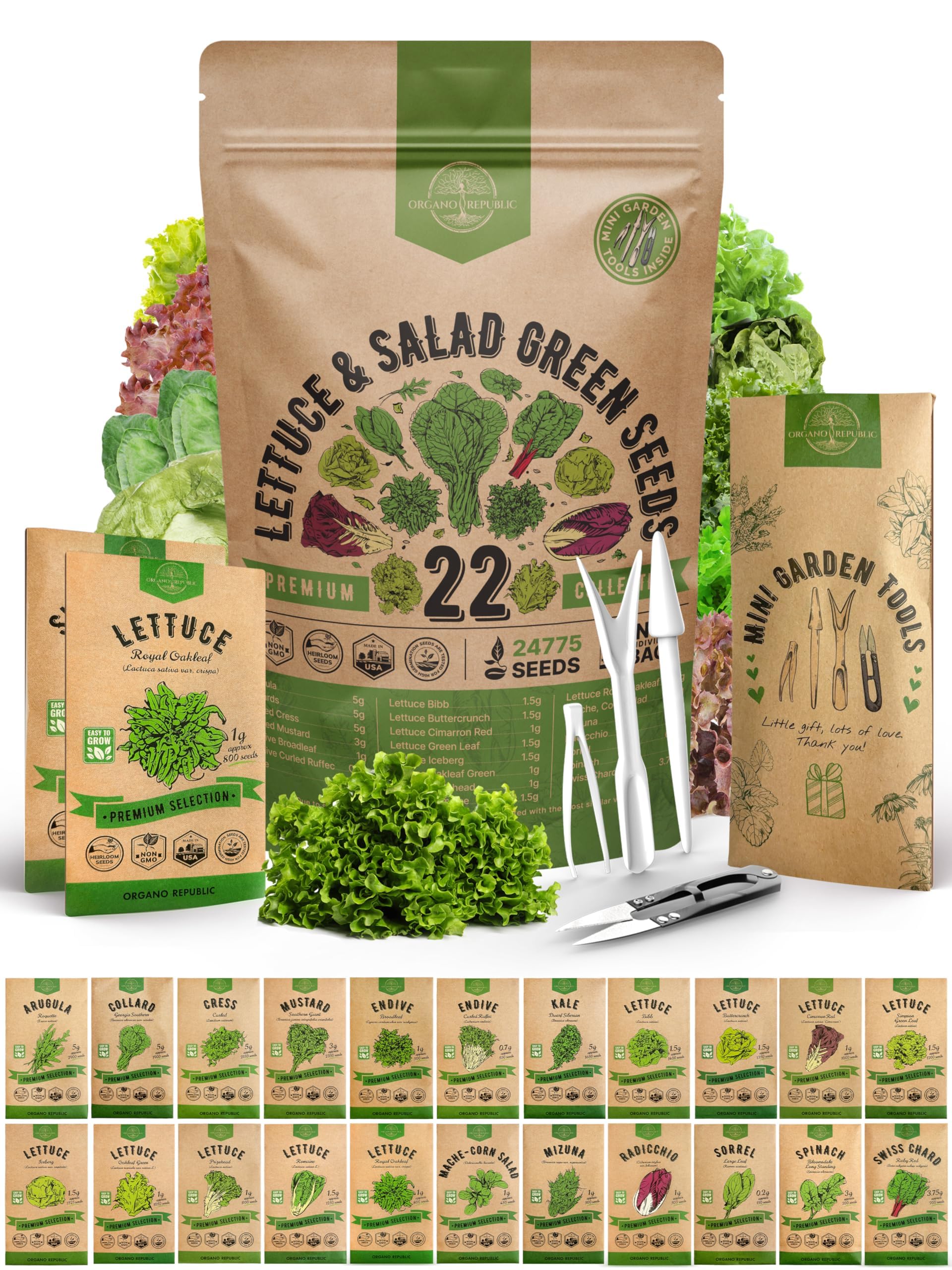 Organo Republic 22 Lettuce & Salad Greens Seeds Variety Pack 24,700 Plus Non-GMO Heirloom Lettuce Seeds For Indoor And Outdoor Garden Hydroponics Aerogarden Arugula Kale Spinach Swiss Chard Lettuce - OVAD