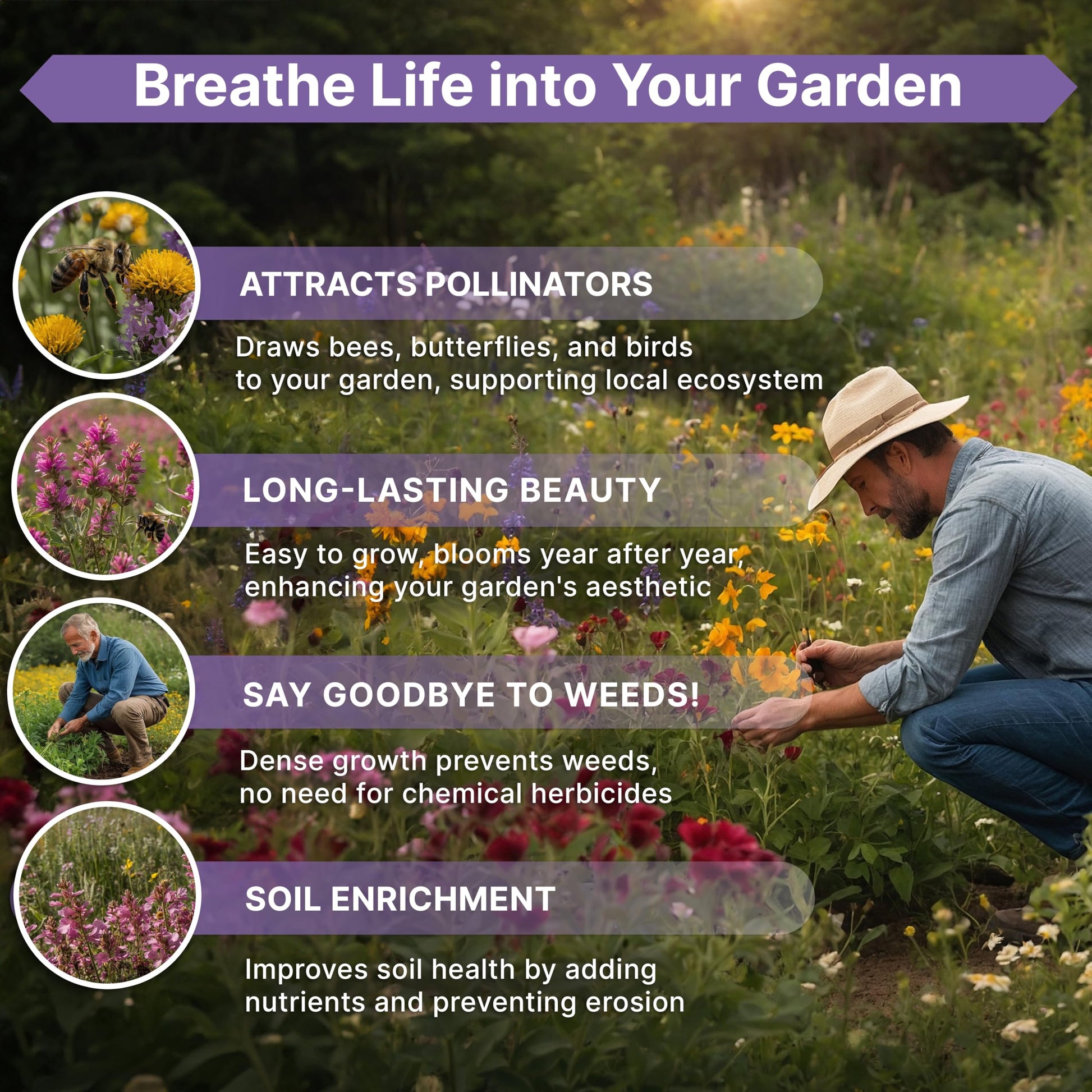 Organo Republic 16 Perennial Wildflower Seeds Mix for Indoor & Outdoors 100,000 Non-GMO Heirloom Seeds 4oz Packet to Attract Bees Butterflies Birds - OVAD