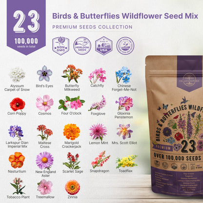 Organo Republic 16 Perennial Wildflower Seeds Mix for Indoor & Outdoors 100,000 Non-GMO Heirloom Seeds 4oz Packet to Attract Bees Butterflies Birds - OVAD