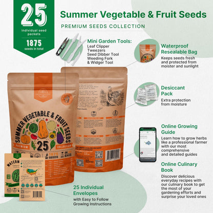 25 Summer Vegetable & Fruit Seeds Variety Pack with 1,870+ Non-GMO Heirloom Seeds for Indoor and Outdoor Gardening Including Tomatoes, Peppers, Okra, and More - OVAD