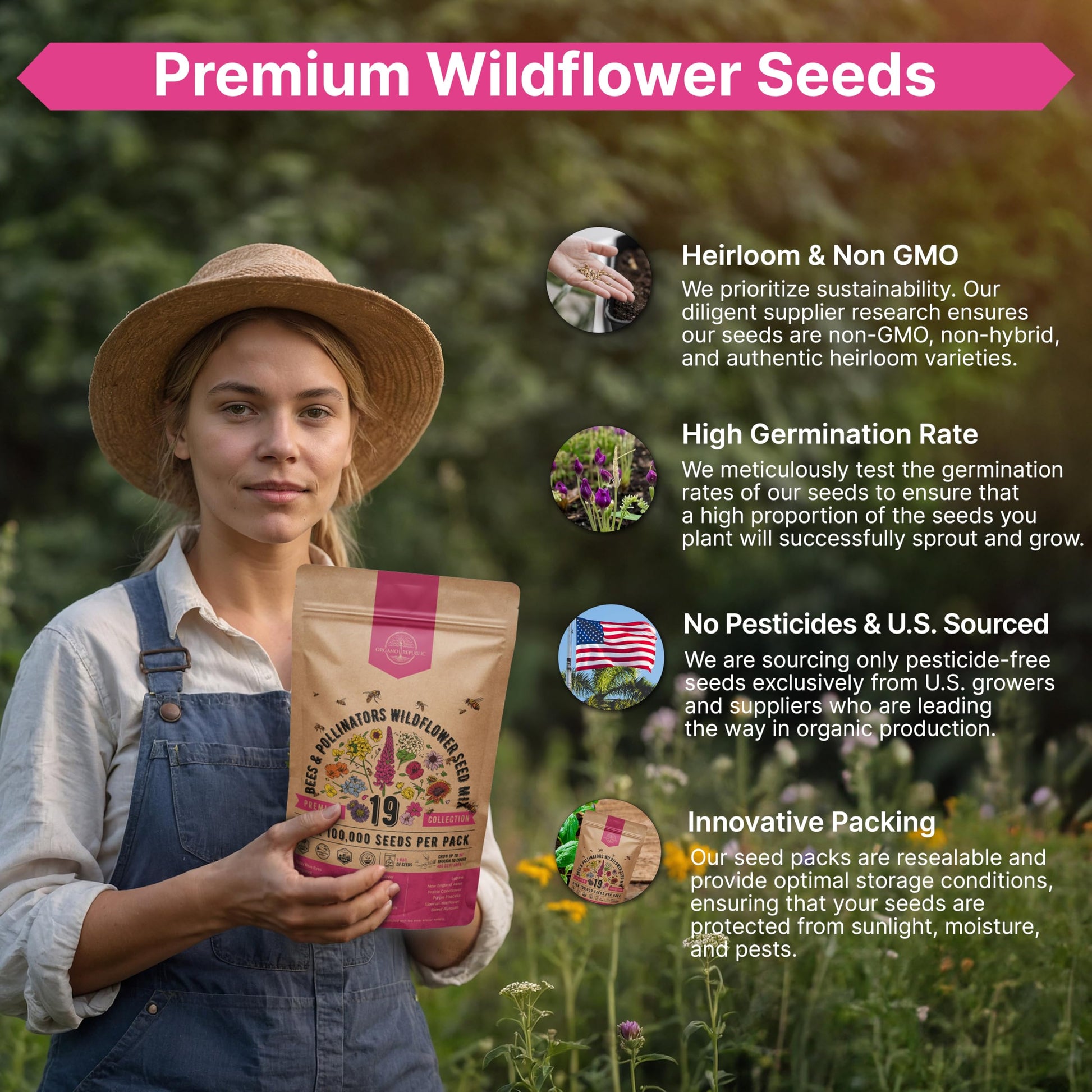 Organo Republic 16 Perennial Wildflower Seeds Mix for Indoor & Outdoors 100,000 Non-GMO Heirloom Seeds 4oz Packet to Attract Bees Butterflies Birds - OVAD