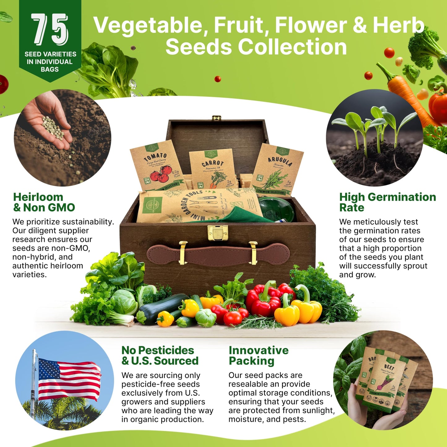 75 Vegetable & Greens Seeds Variety Pack Garden Seed Starter Kit with Over 44,700 Non-GMO Heirloom Seeds for Planting Healthy Organic Greens