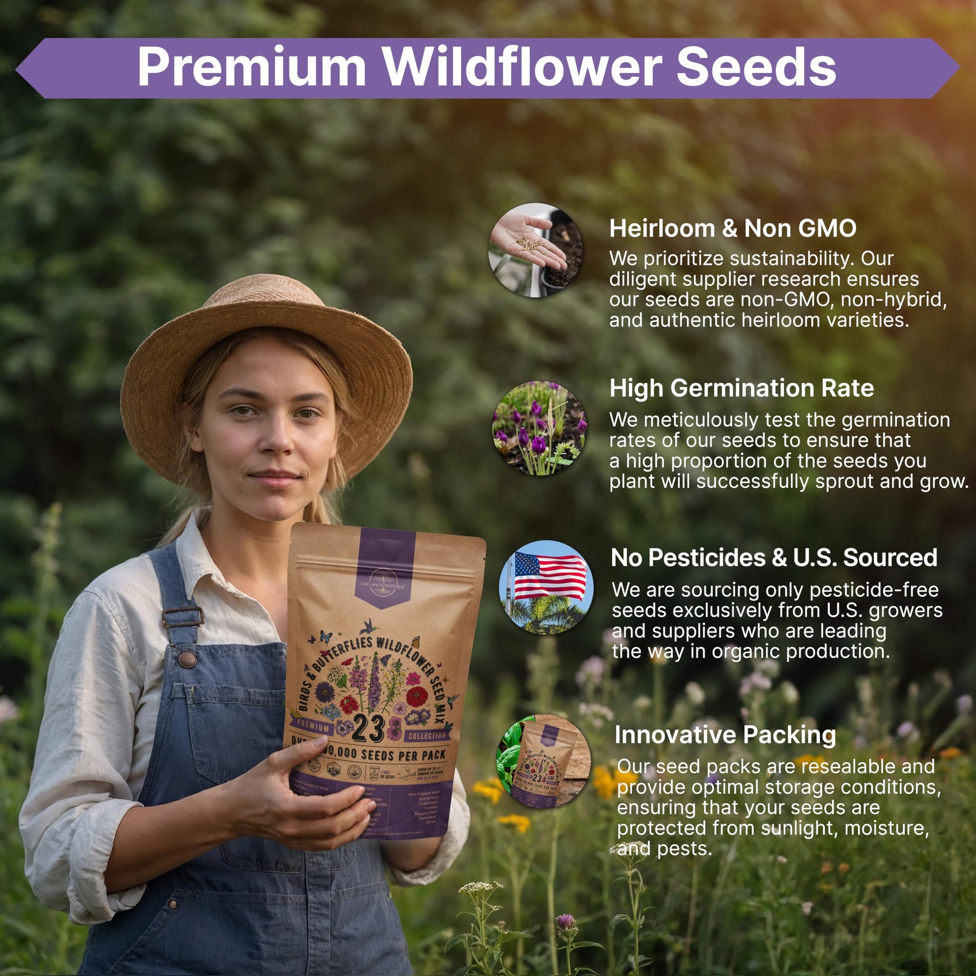 Organo Republic 16 Perennial Wildflower Seeds Mix for Indoor & Outdoors 100,000 Non-GMO Heirloom Seeds 4oz Packet to Attract Bees Butterflies Birds - OVAD