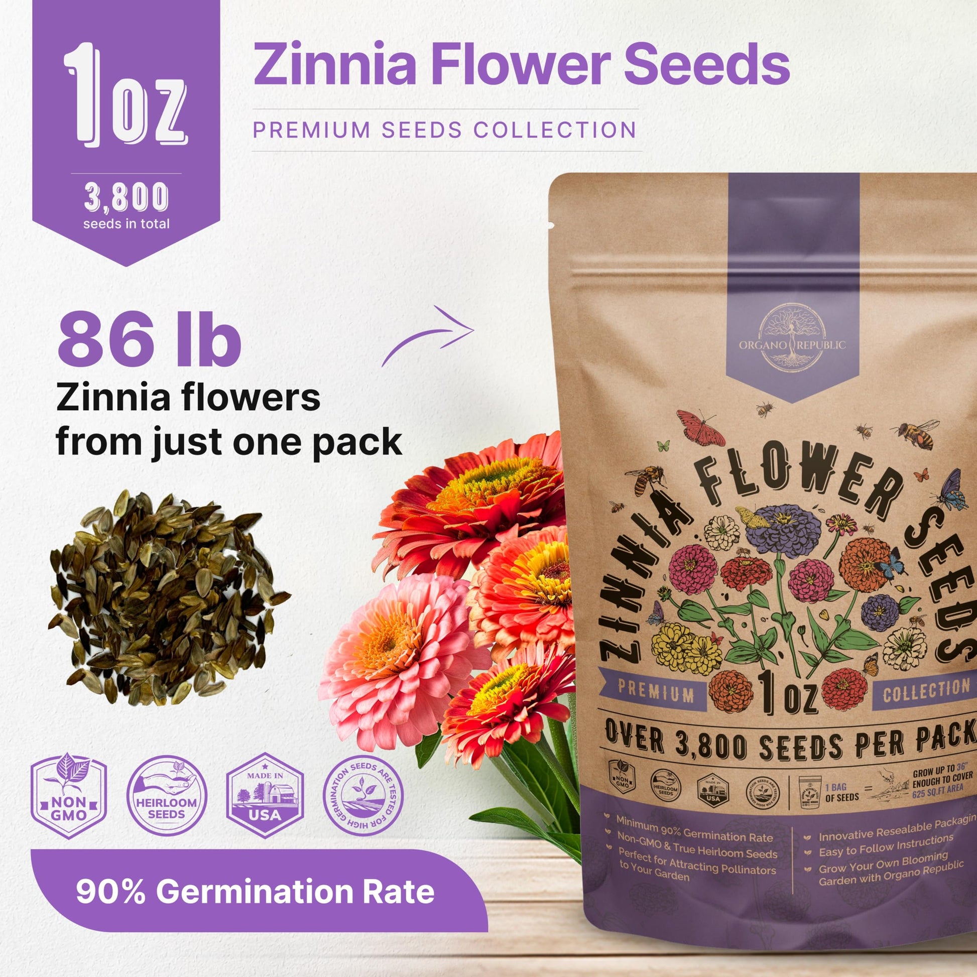 Zinnia Seeds Pack 1 oz - Over 3,800 Non-GMO Heirloom Seeds for Beautiful Annual Flower Gardens Indoors and Outdoors - OVAD