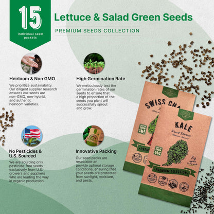 Organo Republic 22 Lettuce & Salad Greens Seeds Variety Pack 24,700 Plus Non-GMO Heirloom Lettuce Seeds For Indoor And Outdoor Garden Hydroponics Aerogarden Arugula Kale Spinach Swiss Chard Lettuce - OVAD