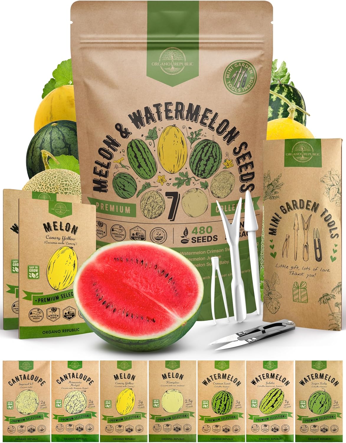 Organo Republic 7 Melon & Watermelon Seeds Variety Pack 480+ Non-GMO Heirloom Fruit Seeds for Hydroponic Indoor Outdoor Gardening - OVAD