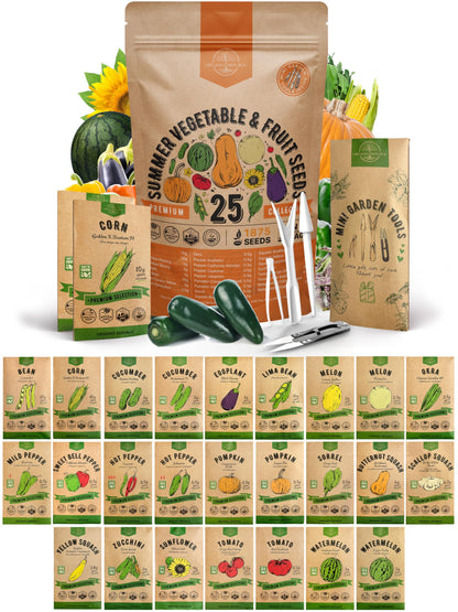 25 Summer Vegetable & Fruit Seeds Variety Pack with 1,870+ Non-GMO Heirloom Seeds for Indoor and Outdoor Gardening Including Tomatoes, Peppers, Okra, and More - OVAD