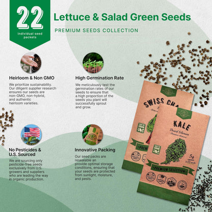 Organo Republic 22 Lettuce & Salad Greens Seeds Variety Pack 24,700 Plus Non-GMO Heirloom Lettuce Seeds For Indoor And Outdoor Garden Hydroponics Aerogarden Arugula Kale Spinach Swiss Chard Lettuce - OVAD