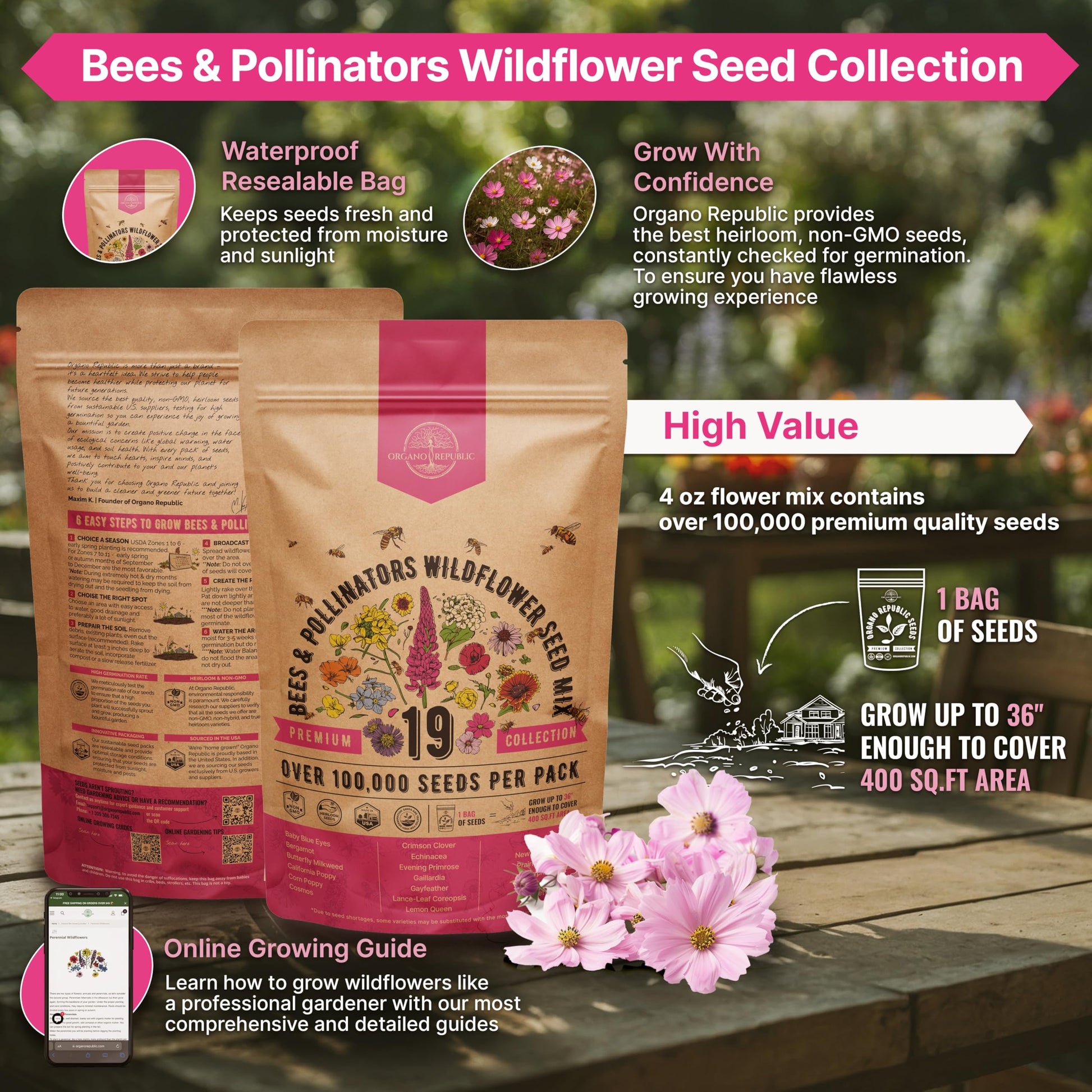 Organo Republic 16 Perennial Wildflower Seeds Mix for Indoor & Outdoors 100,000 Non-GMO Heirloom Seeds 4oz Packet to Attract Bees Butterflies Birds - OVAD