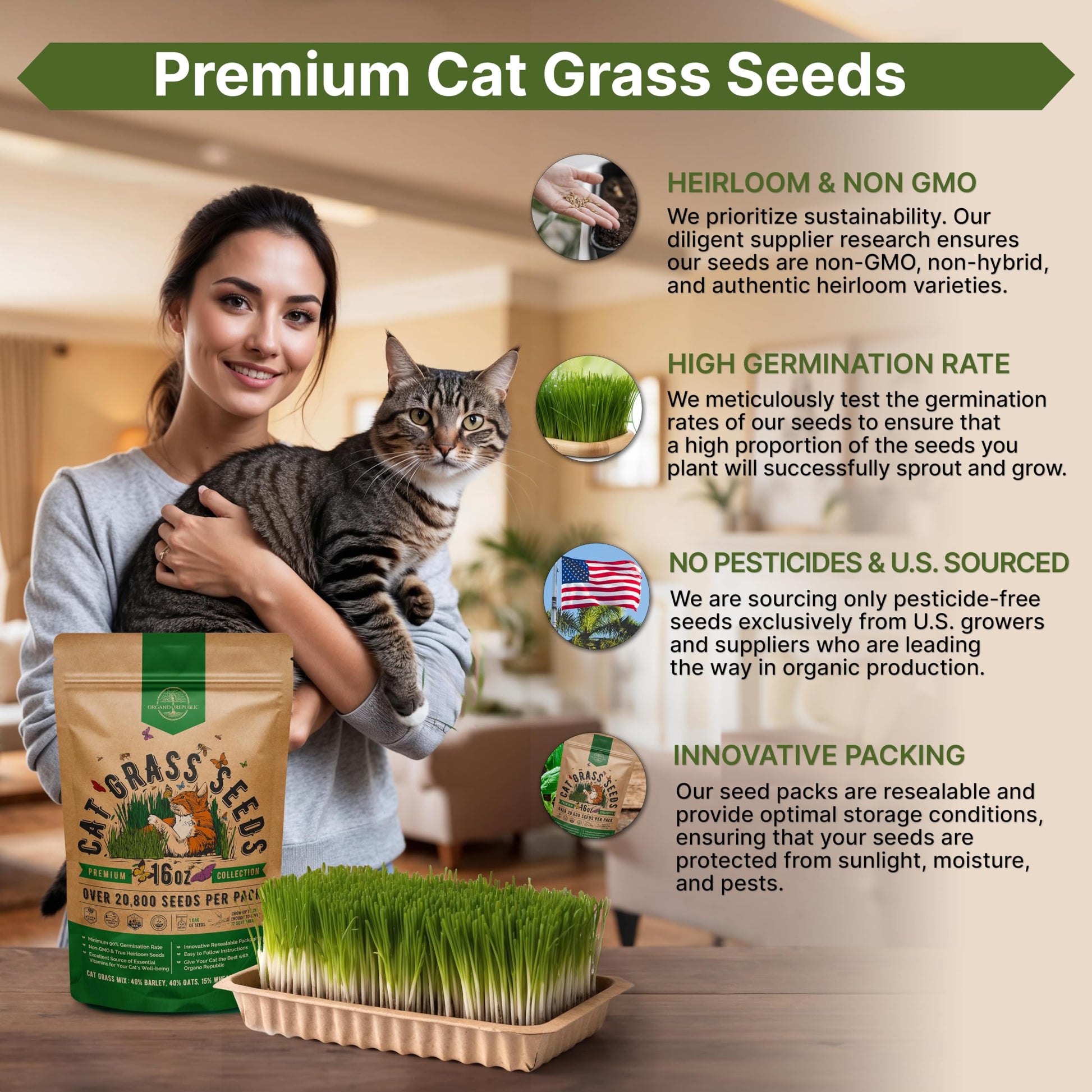 Organo Republic Cat Grass Seeds Mix - 20,800 Non-GMO Heirloom Seeds for Cats & Pets, 16 oz Pack for Indoor Planting and Natural Hairball Remedy - OVAD