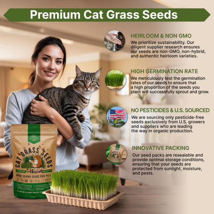 Organo Republic Cat Grass Seeds Mix - 20,800 Non-GMO Heirloom Seeds for Cats & Pets, 16 oz Pack for Indoor Planting and Natural Hairball Remedy - OVAD