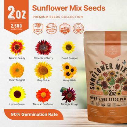 Sunflower Mix Seeds Pack 4 oz - 5,100 Non-GMO Heirloom Seeds for Vibrant Home Garden Planting Indoor and Outdoor - OVAD