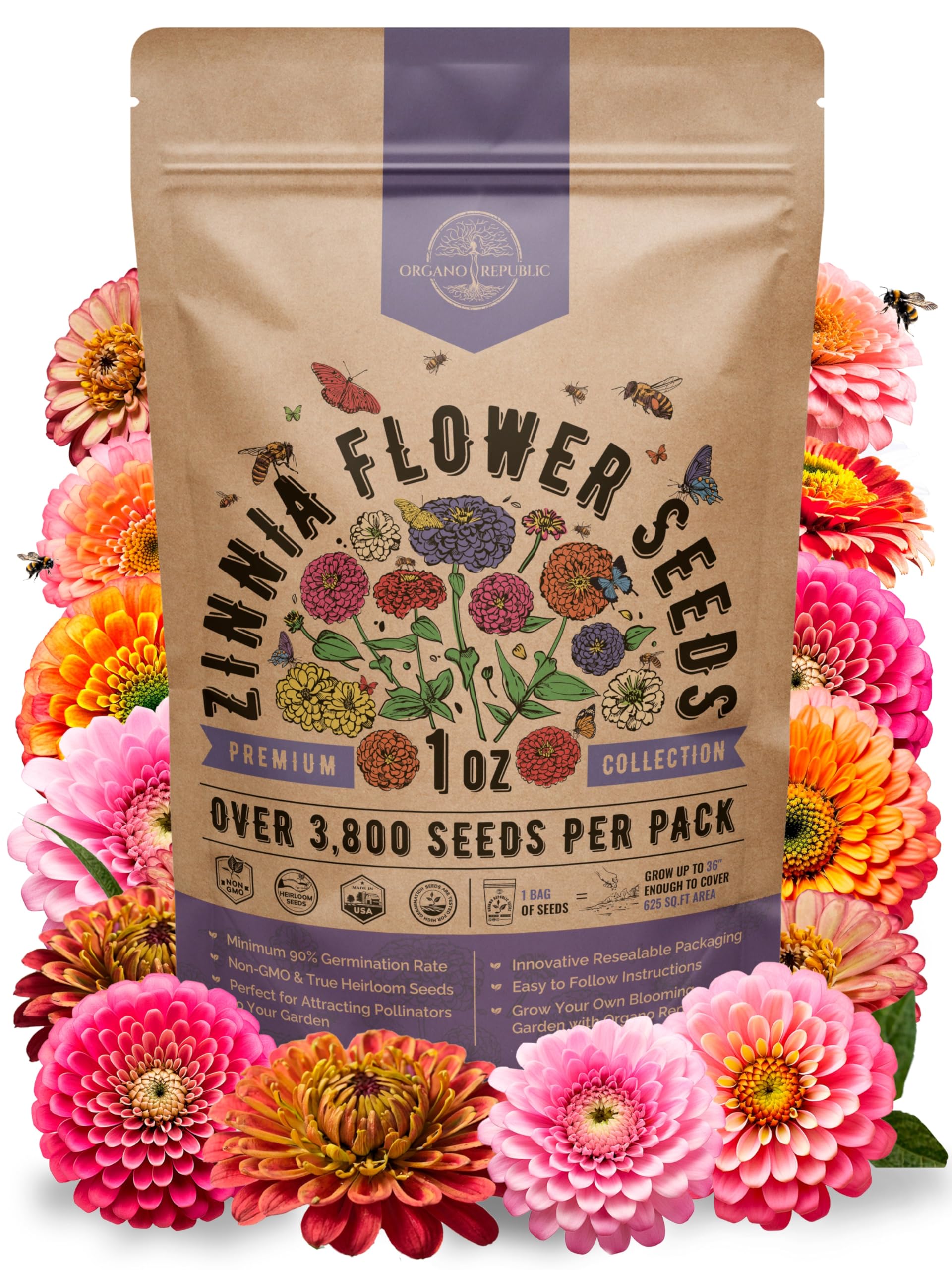 Zinnia Seeds Pack 1 oz - Over 3,800 Non-GMO Heirloom Seeds for Beautiful Annual Flower Gardens Indoors and Outdoors - OVAD