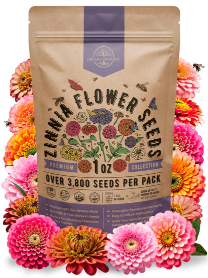 Zinnia Seeds Pack 1 oz - Over 3,800 Non-GMO Heirloom Seeds for Beautiful Annual Flower Gardens Indoors and Outdoors - OVAD