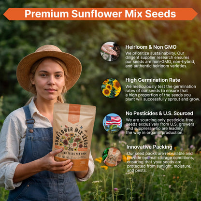 Sunflower Mix Seeds Pack 4 oz - 5,100 Non-GMO Heirloom Seeds for Vibrant Home Garden Planting Indoor and Outdoor - OVAD