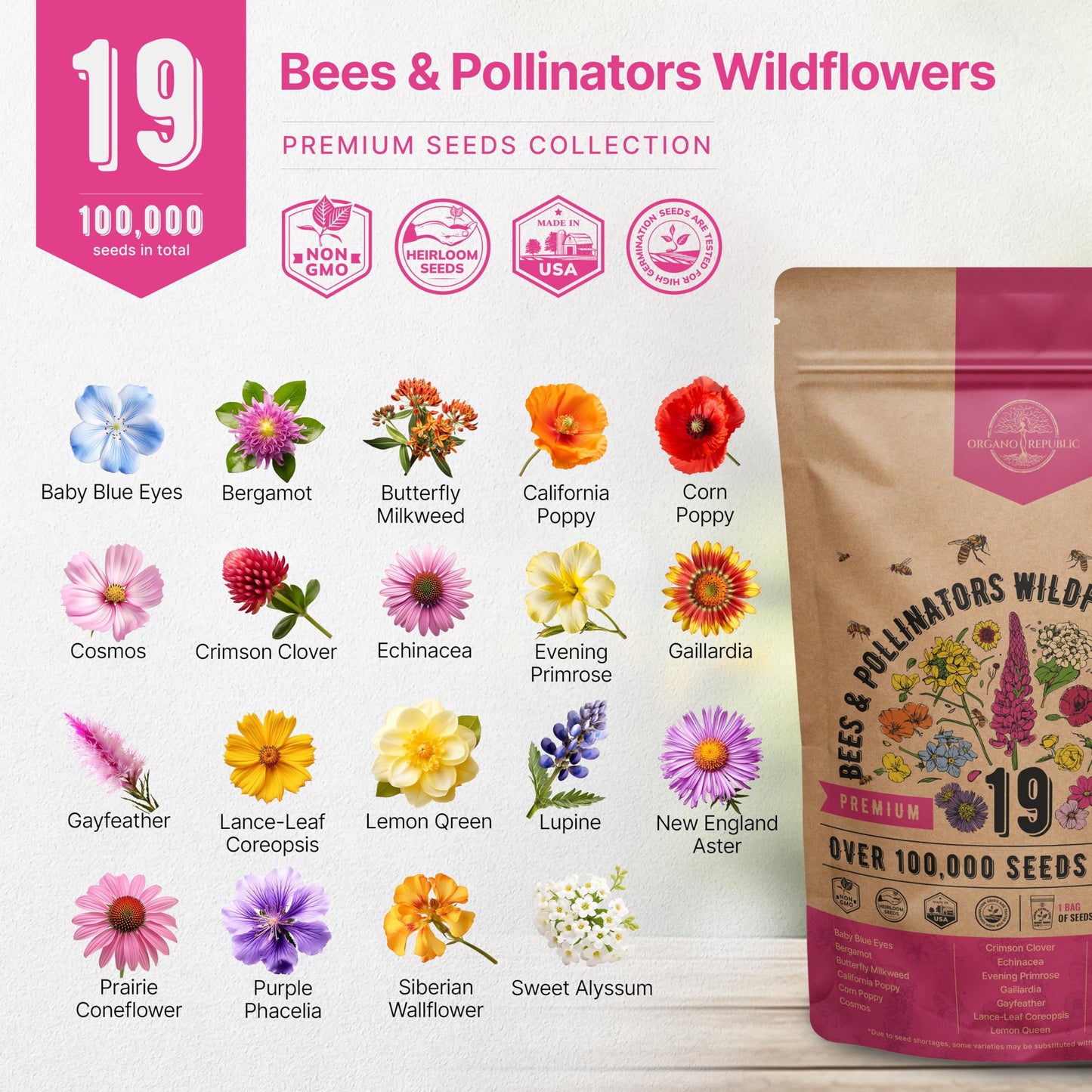 Organo Republic 16 Perennial Wildflower Seeds Mix for Indoor & Outdoors 100,000 Non-GMO Heirloom Seeds 4oz Packet to Attract Bees Butterflies Birds - OVAD