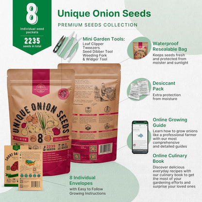 Organo Republic 8 Onion Seeds Variety Pack Heirloom Non-GMO 2200+ Seeds for Indoor and Outdoor Gardening with Walla Walla Green Onion Red Burgundy White and Yellow Sweet Spanish Onions - OVAD