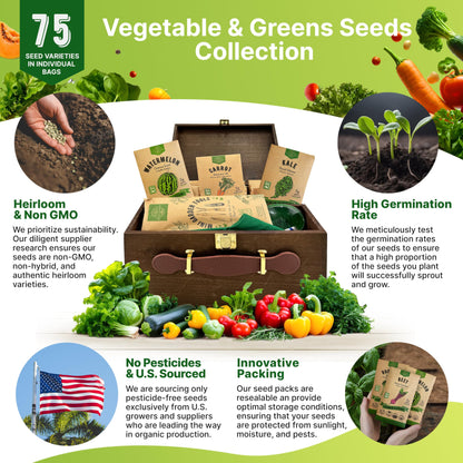 75 Vegetable & Greens Seeds Variety Pack Garden Seed Starter Kit with Over 44,700 Non-GMO Heirloom Seeds for Planting Healthy Organic Greens