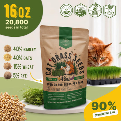 Organo Republic Cat Grass Seeds Mix - 20,800 Non-GMO Heirloom Seeds for Cats & Pets, 16 oz Pack for Indoor Planting and Natural Hairball Remedy - OVAD