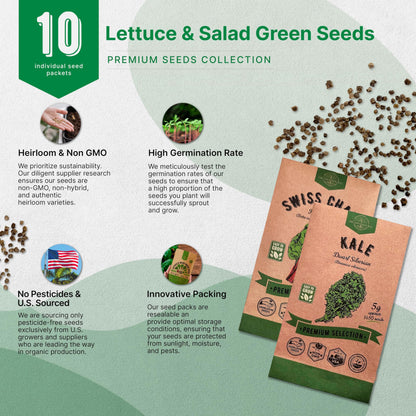 Organo Republic 22 Lettuce & Salad Greens Seeds Variety Pack 24,700 Plus Non-GMO Heirloom Lettuce Seeds For Indoor And Outdoor Garden Hydroponics Aerogarden Arugula Kale Spinach Swiss Chard Lettuce - OVAD
